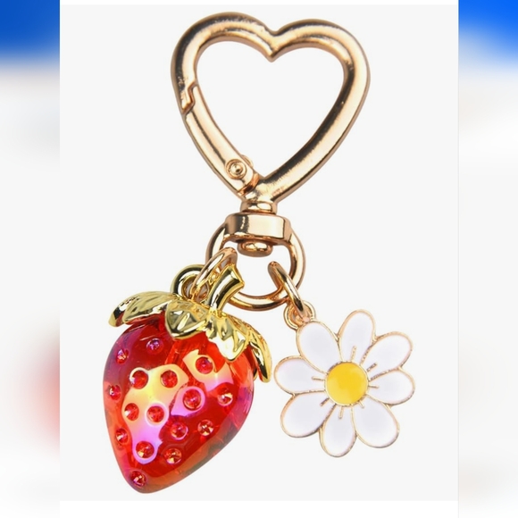 The Unbranded Brand Accessories - Strawberry and Daisy Bag Charm/ Keychain With Gold Hardware. NWT